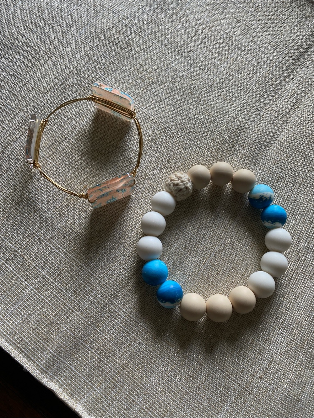 Gold Wire Bracelet with Peach and Aqua Glass Accent Beads + bonus bracelet